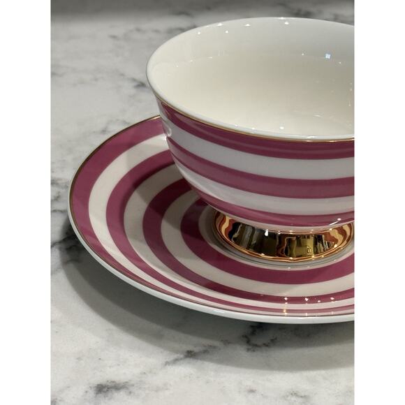 Afternoon Tea Pink White Stripe Gold Tea Cup Saucer Set - Picture 2 of 11
